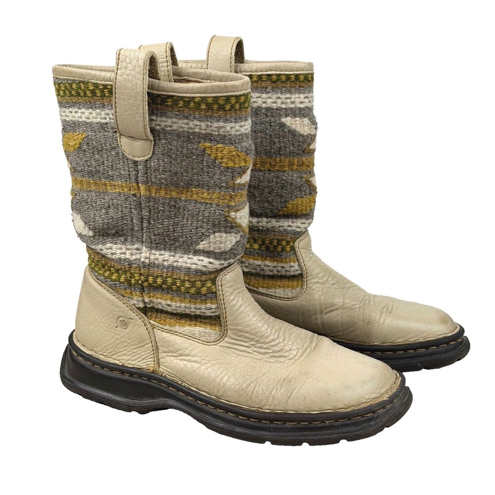 Vintage Born Leather Wool Kilim Tapestry Boots Womens 7 38 Southwestern Boho